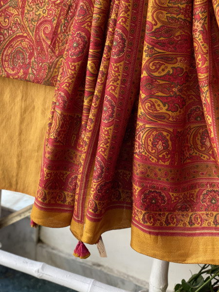 RED-MUSTARD BLOCK PRINT PASHMINA SILK WOVEN  DUPATTA SET
