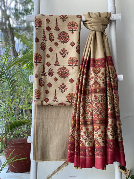 BEIGE BLOCK PRINT PASHMINA SILK WOVEN  DUPATTA SET