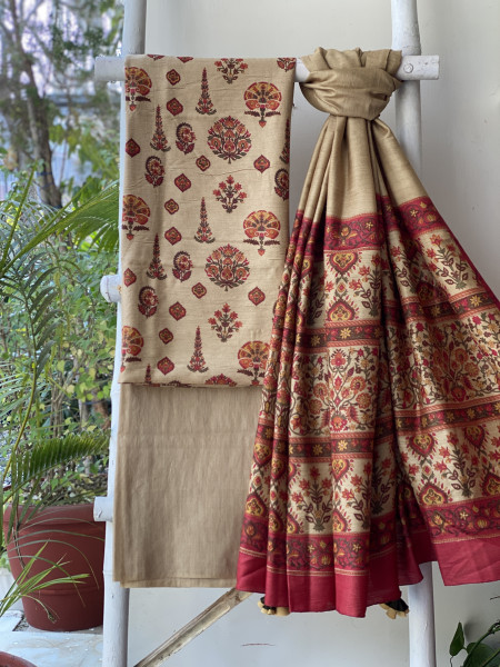 BEIGE BLOCK PRINT PASHMINA SILK WOVEN  DUPATTA SET