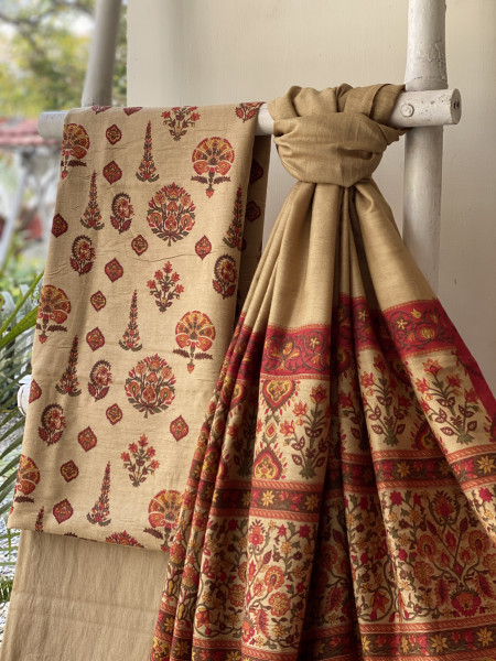 BEIGE BLOCK PRINT PASHMINA SILK WOVEN  DUPATTA SET