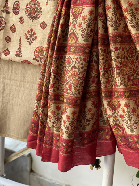BEIGE BLOCK PRINT PASHMINA SILK WOVEN  DUPATTA SET