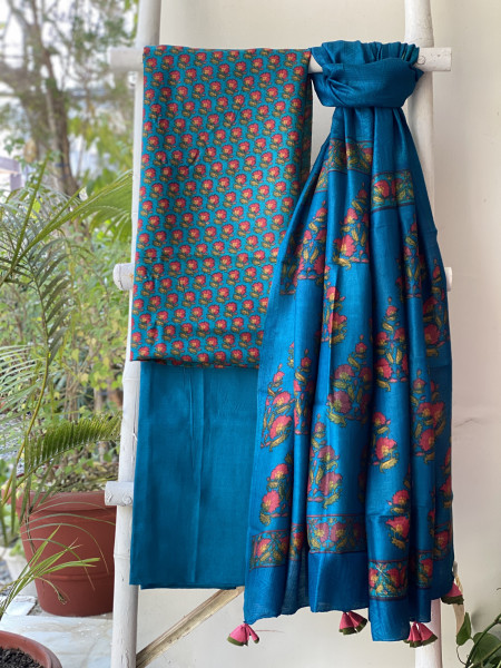 BLUE BLOCK PRINT PASHMINA SILK WOVEN  DUPATTA SET