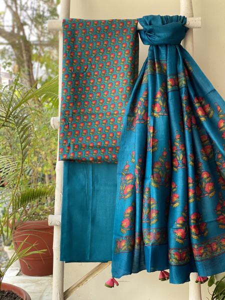 BLUE BLOCK PRINT PASHMINA SILK WOVEN  DUPATTA SET