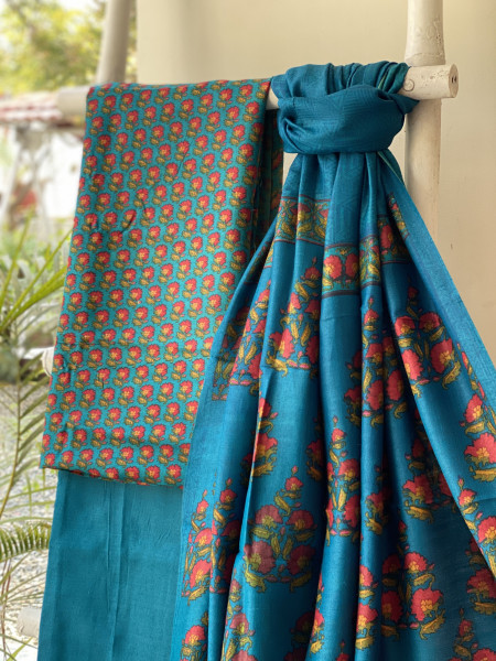 BLUE BLOCK PRINT PASHMINA SILK WOVEN  DUPATTA SET