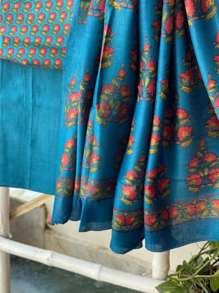 BLUE BLOCK PRINT PASHMINA SILK WOVEN  DUPATTA SET