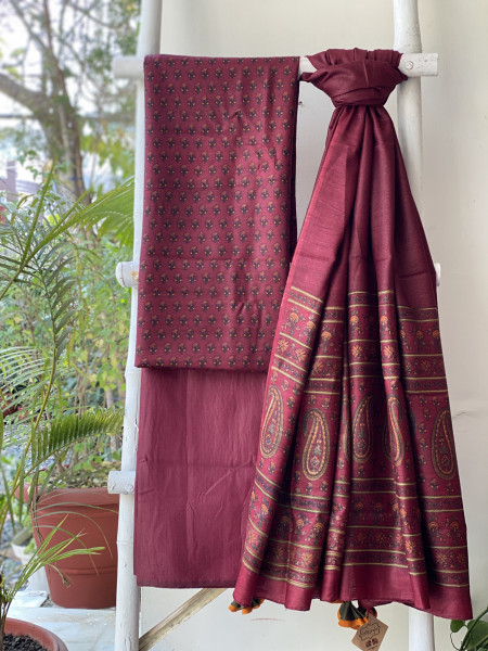 MAROON BLOCK PRINT PASHMINA SILK WOVEN  DUPATTA SET