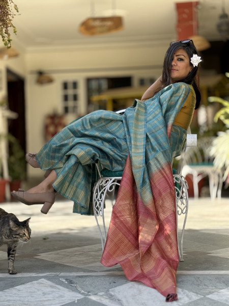 AQUA-CORAL HAND WOVEN TUSSAR SILK SARI