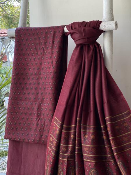 MAROON BLOCK PRINT PASHMINA SILK WOVEN  DUPATTA SET