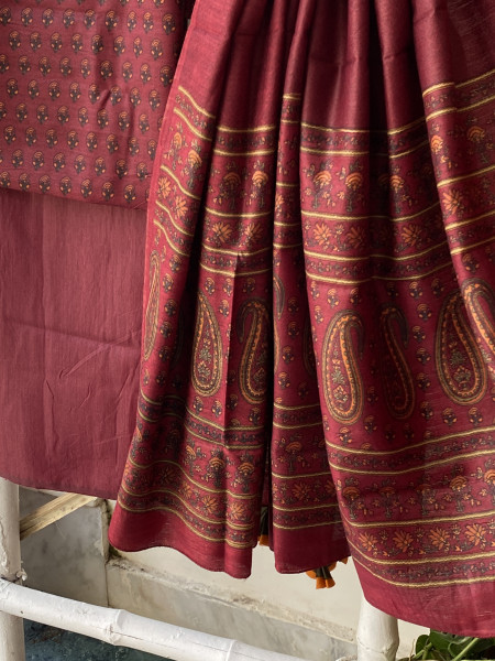 MAROON BLOCK PRINT PASHMINA SILK WOVEN  DUPATTA SET