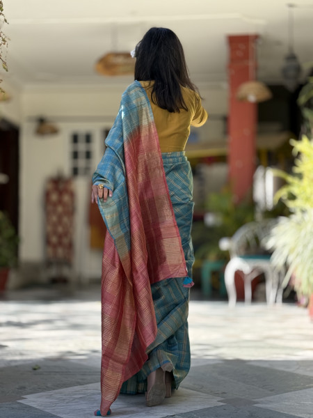 AQUA-CORAL HAND WOVEN TUSSAR SILK SARI