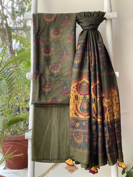 MEHNDI GREEN BLOCK PRINT PASHMINA SILK WOVEN  DUPATTA SET