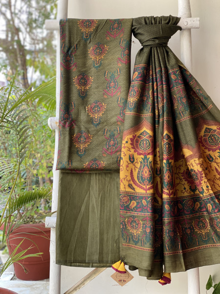 MEHNDI GREEN BLOCK PRINT PASHMINA SILK WOVEN  DUPATTA SET