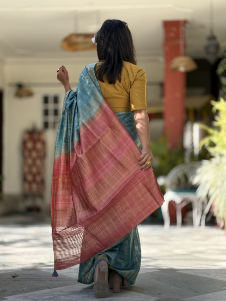 AQUA-CORAL HAND WOVEN TUSSAR SILK SARI
