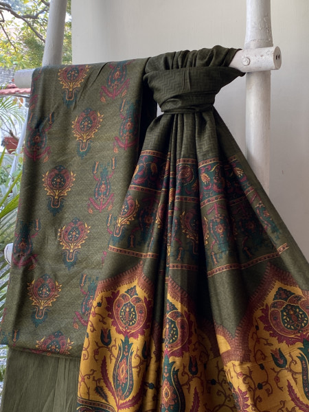 MEHNDI GREEN BLOCK PRINT PASHMINA SILK WOVEN  DUPATTA SET