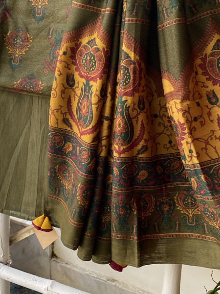 MEHNDI GREEN BLOCK PRINT PASHMINA SILK WOVEN  DUPATTA SET