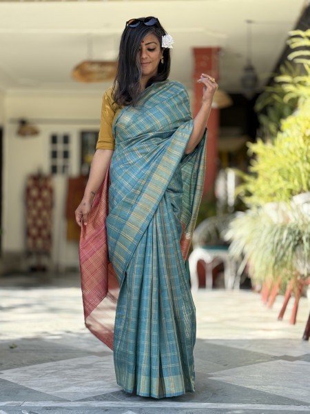 AQUA-CORAL HAND WOVEN TUSSAR SILK SARI
