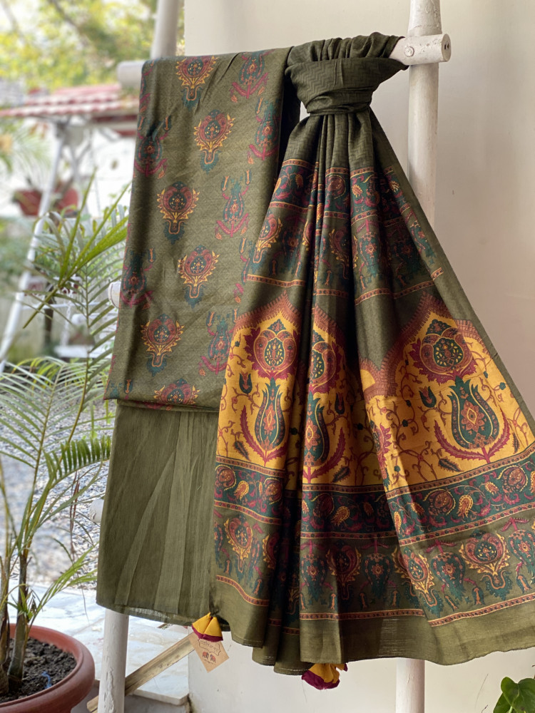 Image of MEHNDI GREEN BLOCK PRINT PASHMINA SILK WOVEN  DUPATTA SET