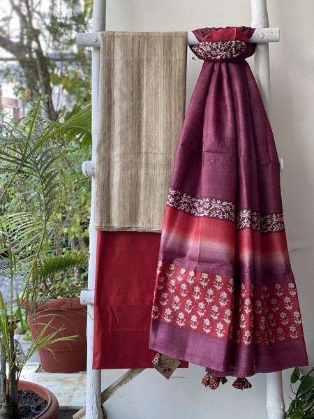 BEIGE-CHERRY TUSSAR SILK BLOCK PRINT DUPATTA SET
