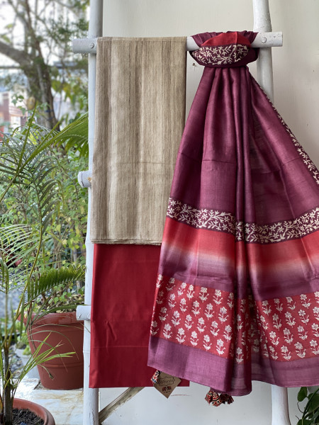 BEIGE-CHERRY TUSSAR SILK BLOCK PRINT DUPATTA SET