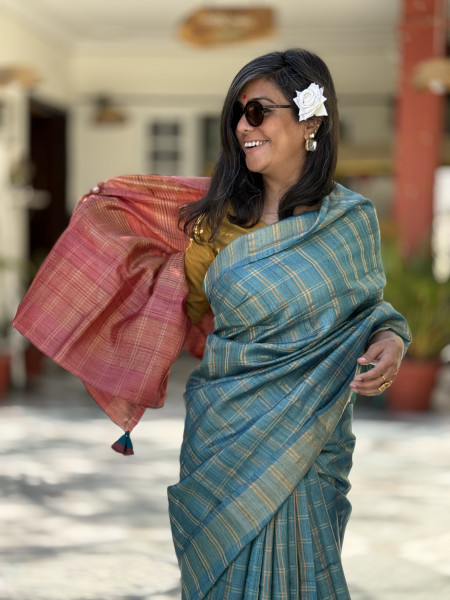 AQUA-CORAL HAND WOVEN TUSSAR SILK SARI