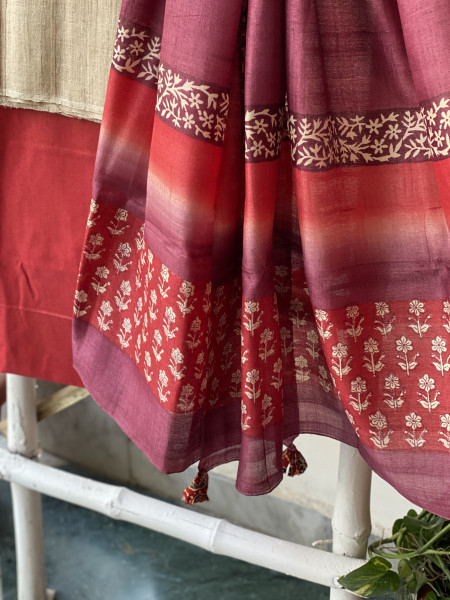 BEIGE-CHERRY TUSSAR SILK BLOCK PRINT DUPATTA SET