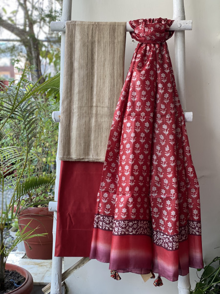 BEIGE-MAROON TUSSAR SILK BLOCK PRINT DUPATTA SET