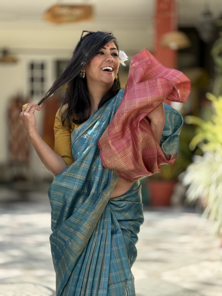 AQUA-CORAL HAND WOVEN TUSSAR SILK SARI