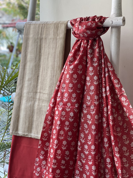 BEIGE-MAROON TUSSAR SILK BLOCK PRINT DUPATTA SET