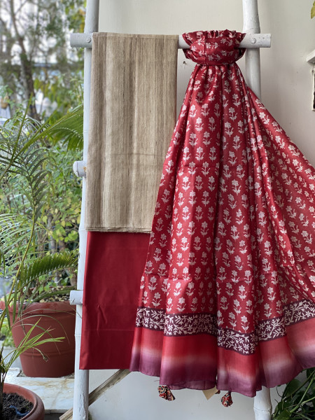 BEIGE-MAROON TUSSAR SILK BLOCK PRINT DUPATTA SET