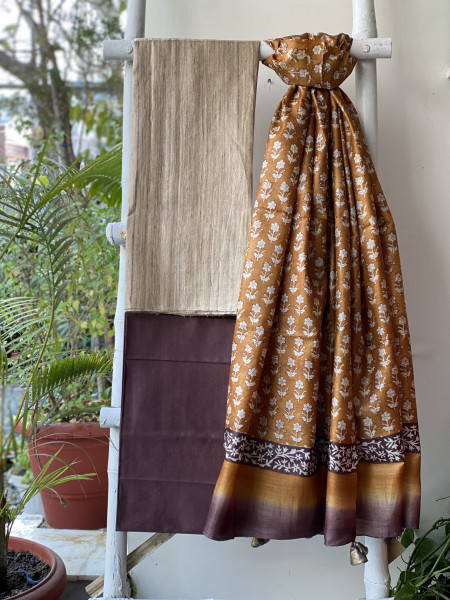 BEIGE-MUSTARD TUSSAR SILK BLOCK PRINT DUPATTA SET