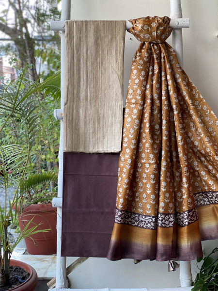 BEIGE-MUSTARD TUSSAR SILK BLOCK PRINT DUPATTA SET
