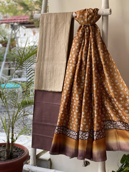 BEIGE-MUSTARD TUSSAR SILK BLOCK PRINT DUPATTA SET