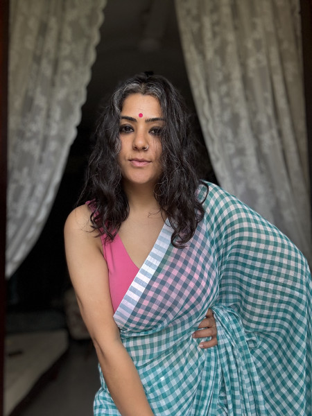 TURQUOISE GINGHAM CHECKS  MULMUL COTTON SARI