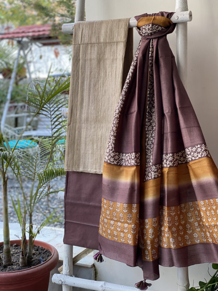 BEIGE-BROWN TUSSAR SILK BLOCK PRINT DUPATTA SET