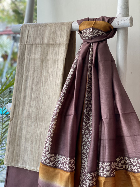 BEIGE-BROWN TUSSAR SILK BLOCK PRINT DUPATTA SET