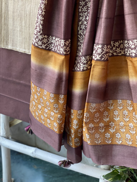 BEIGE-BROWN TUSSAR SILK BLOCK PRINT DUPATTA SET