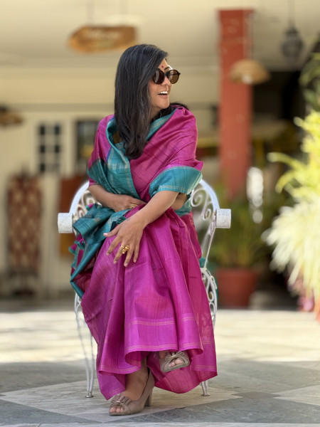 MAGENTA-TURQUOISE HAND WOVEN TUSSAR SILK SARI