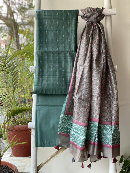 GREEN-GREY TUSSAR SILK PRINTED DUPATTA SET