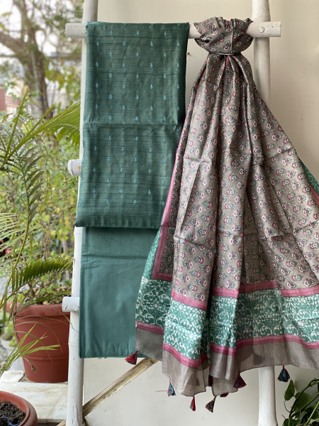 GREEN-GREY TUSSAR SILK PRINTED DUPATTA SET