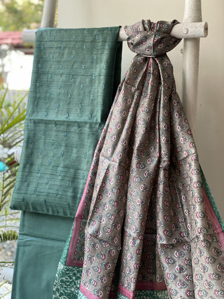 GREEN-GREY TUSSAR SILK PRINTED DUPATTA SET