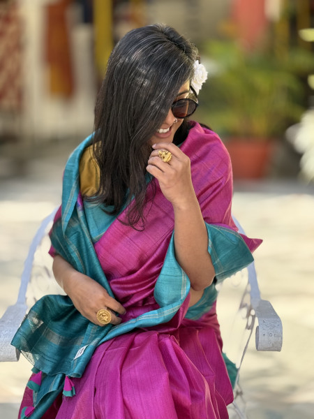 MAGENTA-TURQUOISE HAND WOVEN TUSSAR SILK SARI