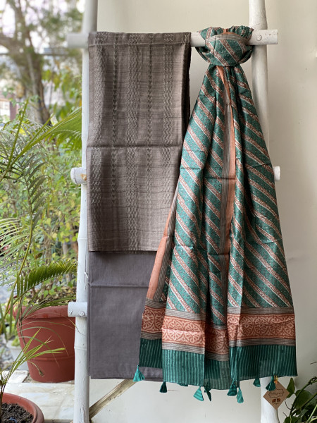 BROWN-TEAL TUSSAR SILK PRINTED DUPATTA SET