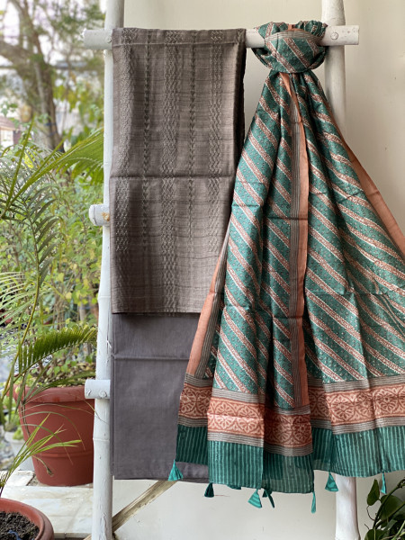 BROWN-TEAL TUSSAR SILK PRINTED DUPATTA SET