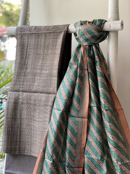 BROWN-TEAL TUSSAR SILK PRINTED DUPATTA SET
