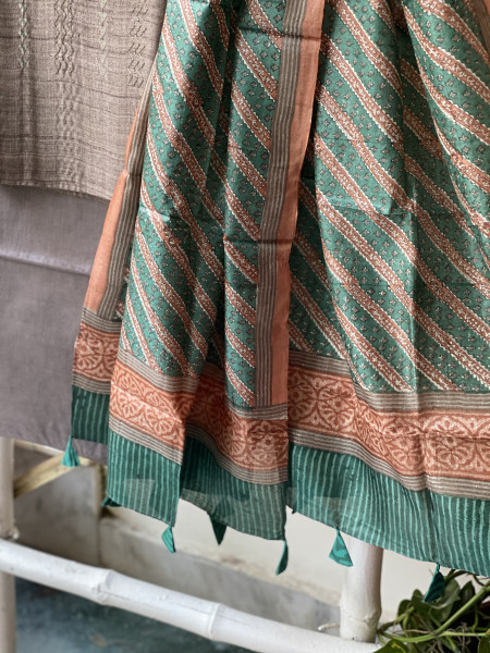BROWN-TEAL TUSSAR SILK PRINTED DUPATTA SET