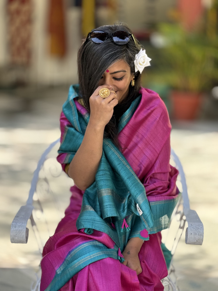 Image of MAGENTA-TURQUOISE HAND WOVEN TUSSAR SILK SARI