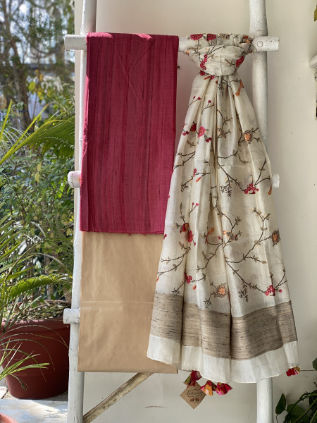 ROSE-OFF WHITE TUSSAR SILK EMBROIDERED DUPATTA SET