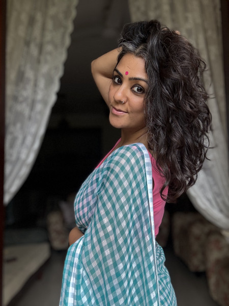 TURQUOISE GINGHAM CHECKS  MULMUL COTTON SARI