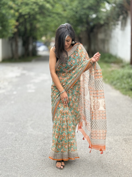 ORANGE-GREEN HAND BLOCK PRINT COTTON KOTA SARI