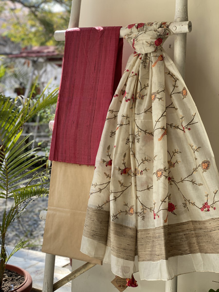 ROSE-OFF WHITE TUSSAR SILK EMBROIDERED DUPATTA SET